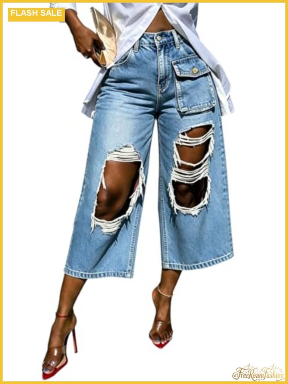 Women Ripped Cargo Capri Jeans Baggy Wide Leg High Waist Distressed Denim Pants